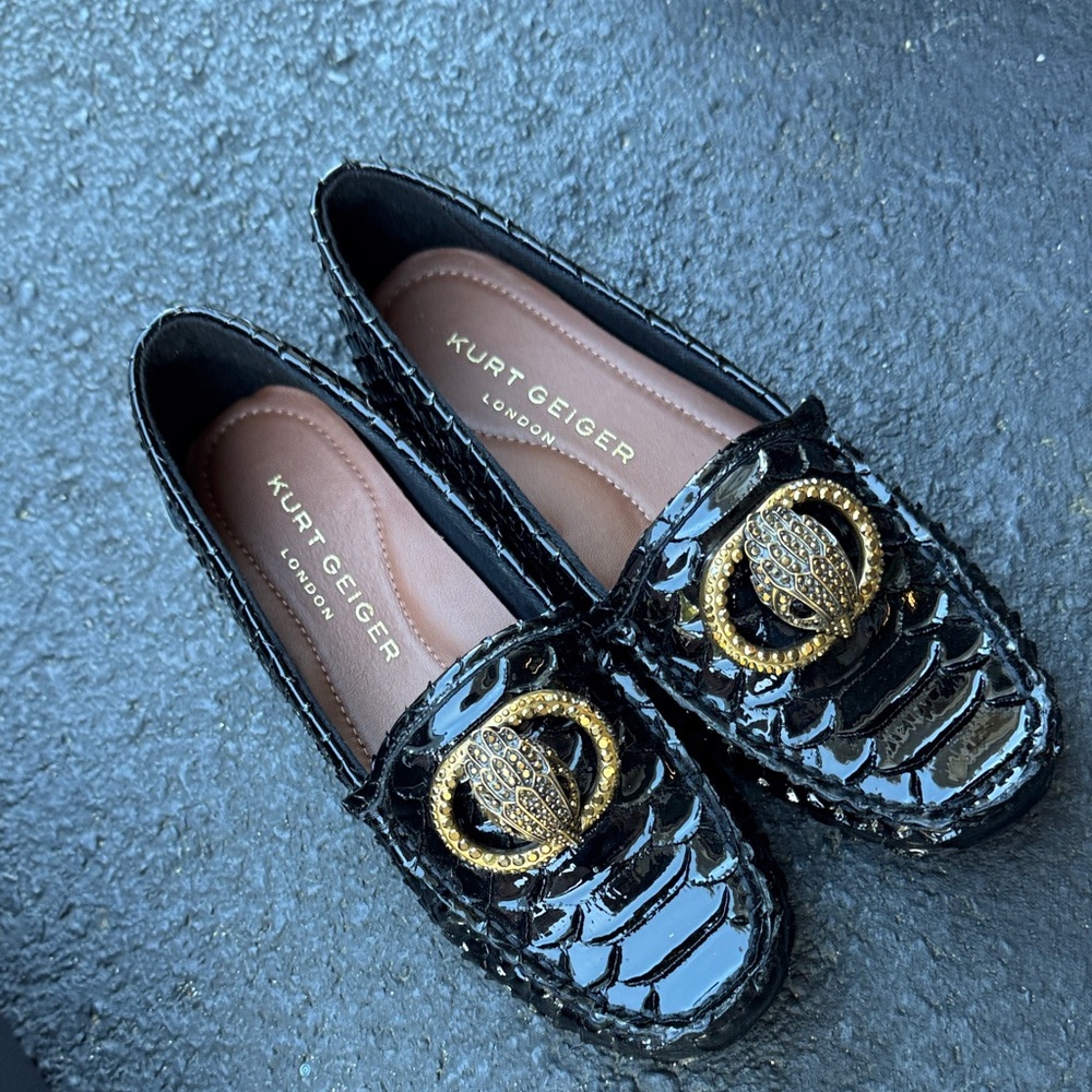 Kurt Geiger Glossy Black Loafers with Gold Detail